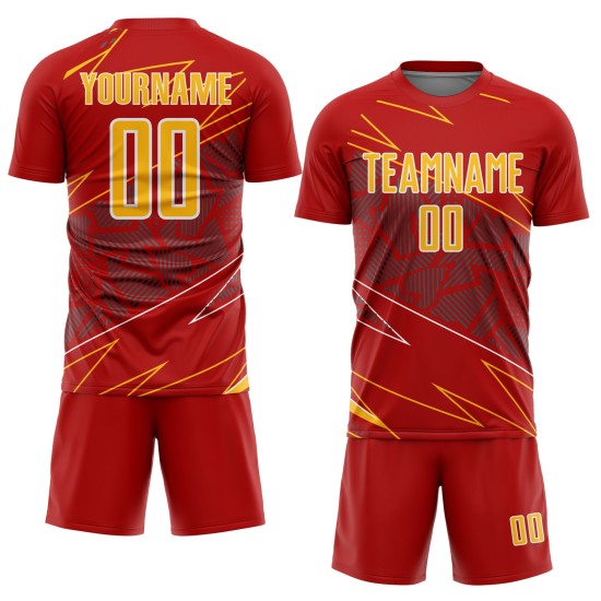 Red Sports Sublimation Jersey Uniform Lines Gold-White Soccer Custom
